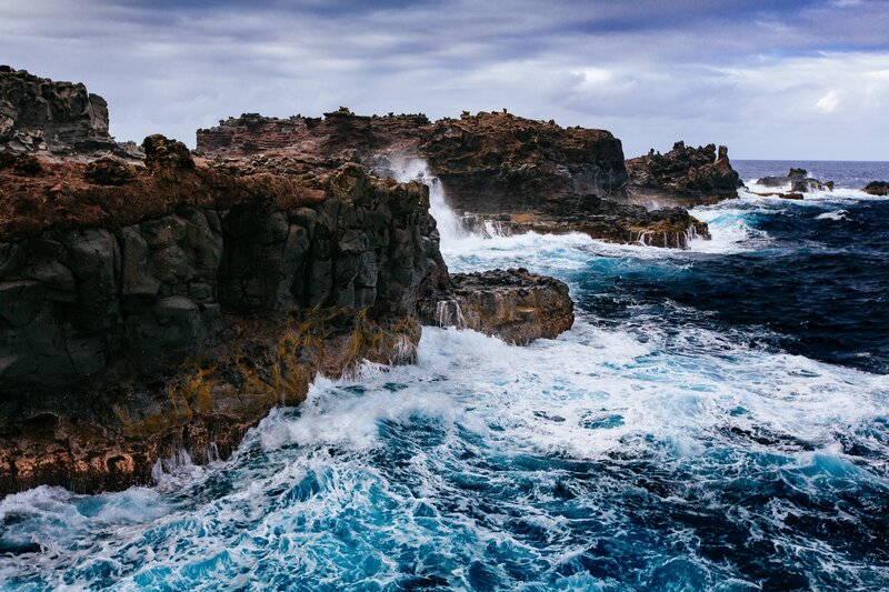 Ocean Waves Crashing on Rocks — Blue, Dramatic, Photograph, Sky