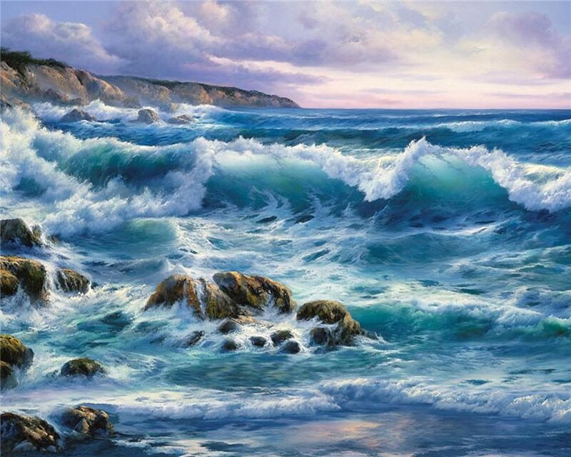 Ocean Waves Crashing on Rocks — Blue, Dramatic, Sunset, Painting, Cliffs