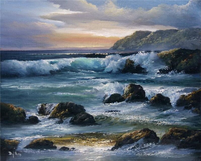 Ocean Waves Crashing on Rocks — Blue, Dramatic, Sunset, Painting, Sea