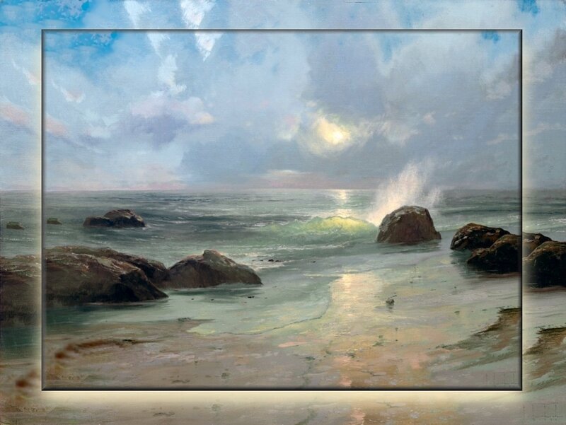 Ocean Waves Crashing on Rocks — Blue, Dramatic, Sunset, Painting