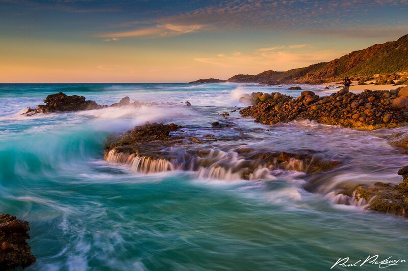 Ocean Waves Crashing on Rocks — Blue, Dramatic, Sunset, Photograph, Beach