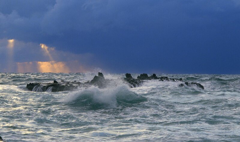 Ocean Waves Crashing on Rocks — Blue, Dramatic, Sunset, Photograph, Clouds