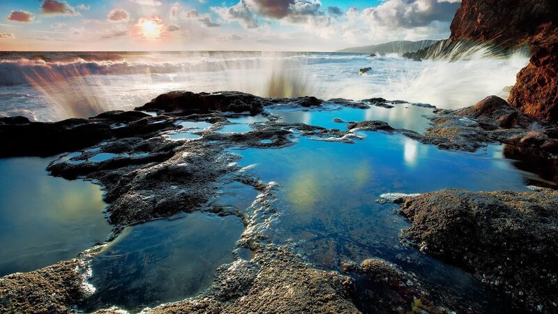 Ocean Waves Crashing on Rocks — Blue, Dramatic, Sunset, Photograph, Sea, Sky