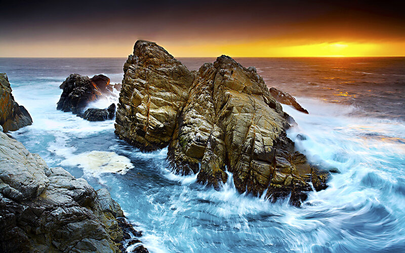 Ocean Waves Crashing on Rocks — Blue, Dramatic, Sunset, Photograph, Sea, Sky, Yellow
