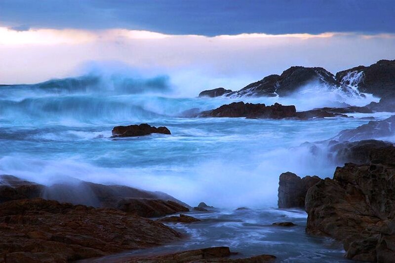Ocean Waves Crashing on Rocks — Blue, Dramatic, Sunset, Photograph, Sea