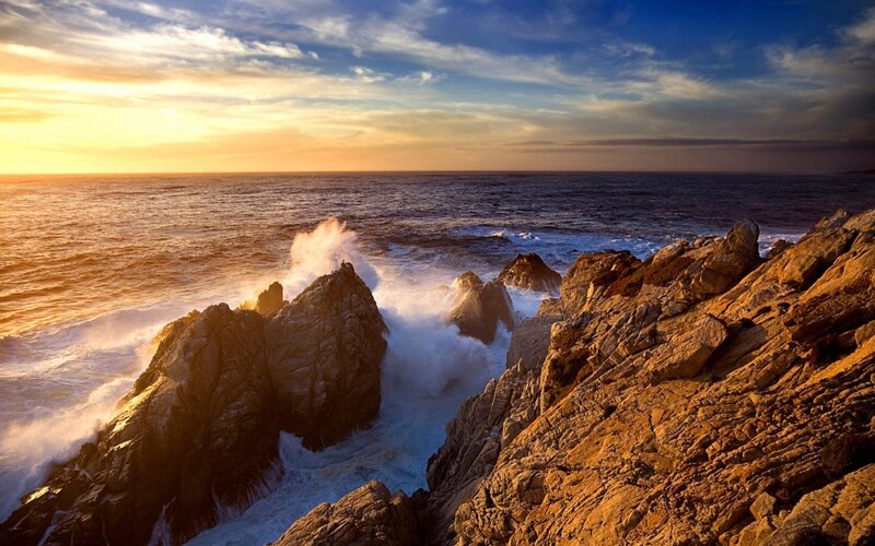 Ocean Waves Crashing on Rocks — Blue, Dramatic, Sunset, Photograph, Sky, Sun