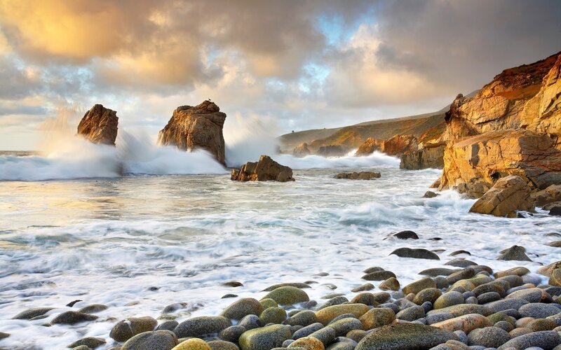Ocean Waves Crashing on Rocks — Blue, Dramatic, Sunset, Photograph, Sky