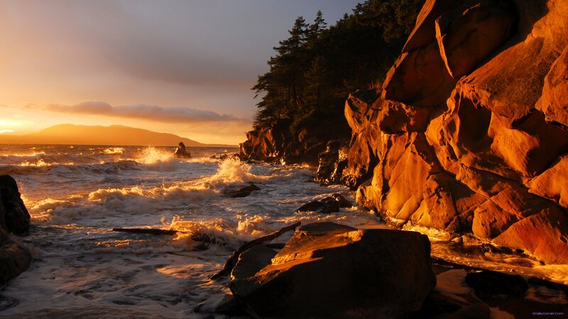Ocean Waves Crashing on Rocks — Orange, Dramatic, Sunset, Photograph, Mountains