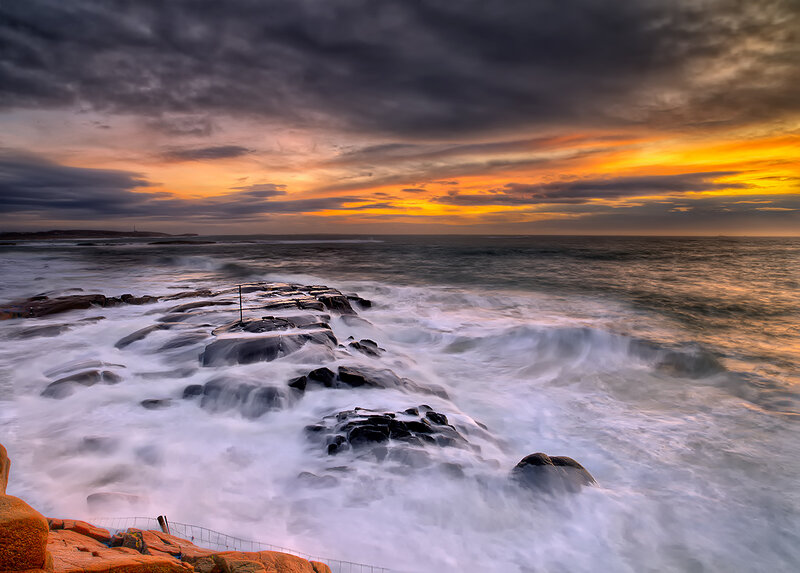 Ocean Waves Crashing on Rocks — Orange, Dramatic, Sunset, Photograph, Sea