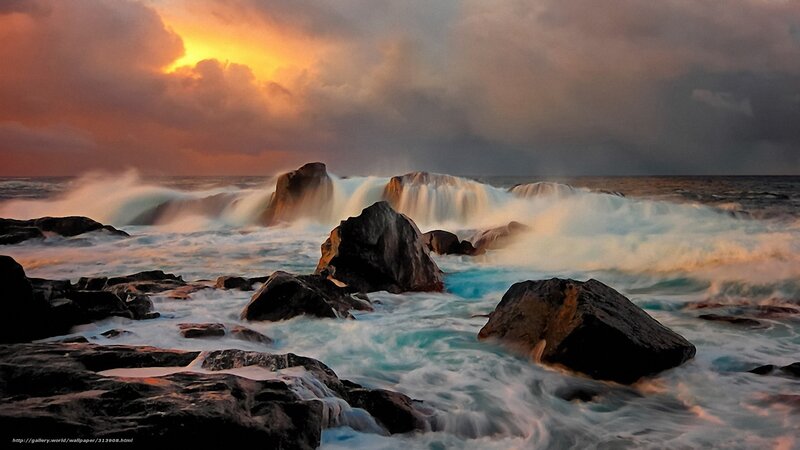 Ocean Waves Crashing on Rocks — Orange, Dramatic, Sunset, Photograph, Sky, Clouds