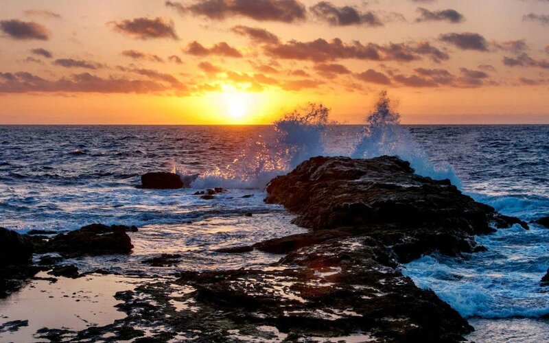 Ocean Waves Crashing on Rocks — Orange, Dramatic, Sunset, Photograph, Sun