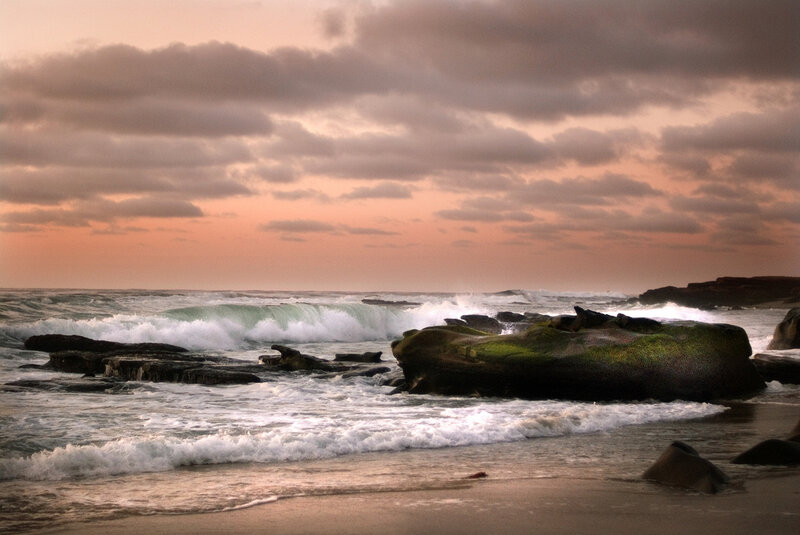 Ocean Waves Crashing on Rocks — Pink, Dramatic