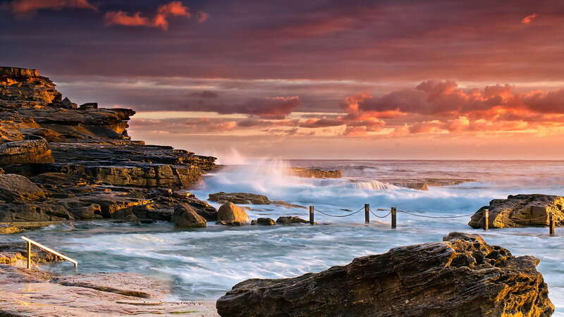 Ocean Waves Crashing on Rocks — Purple, Dramatic