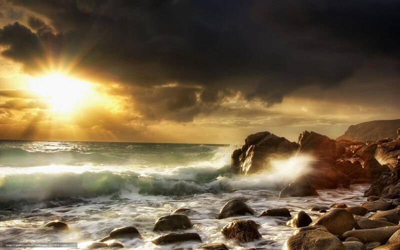Ocean Waves Crashing on Rocks — Yellow, Dramatic, Sunset, Photograph, Sun