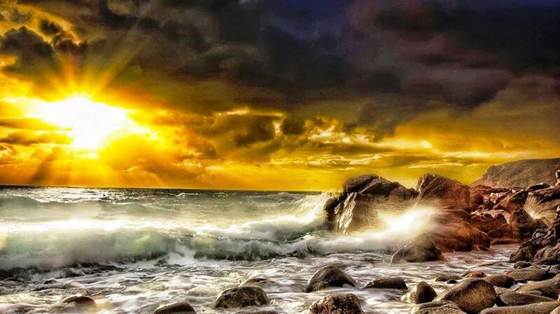 Ocean Waves Crashing on Rocks — Yellow, Dramatic, Sunset, Photograph