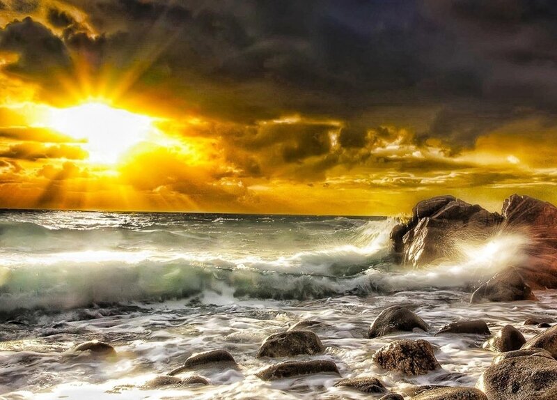 Ocean Waves Crashing on Rocks — Yellow, Dramatic