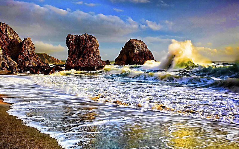 Ocean waves crashing on rocky shore