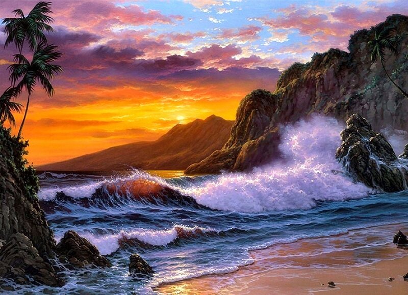 Ocean Waves Crashing — Orange, Dramatic, Sunset, Painting, Palm Trees