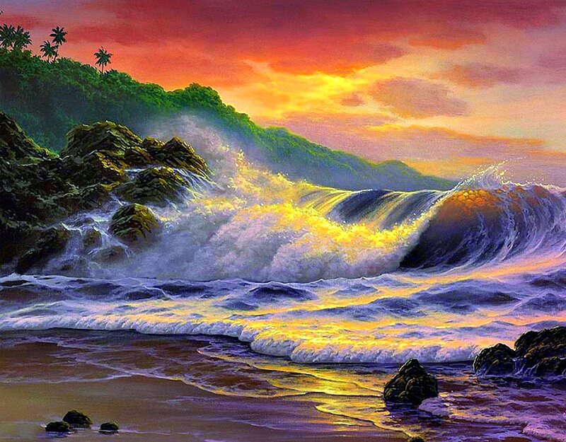 Ocean Waves Crashing — Orange, Dramatic, Sunset, Painting