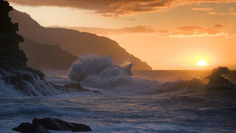 Ocean Waves Crashing — Orange, Dramatic, Sunset, Photograph, Mountain, Sun