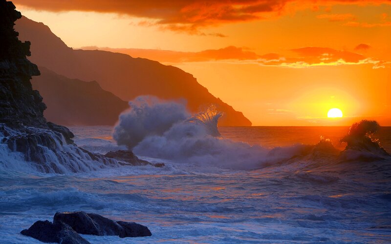 Ocean Waves Crashing — Orange, Dramatic, Sunset, Photograph, Mountain