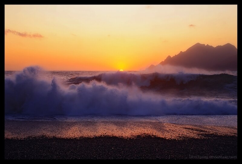 Ocean Waves Crashing — Orange, Dramatic, Sunset, Photograph, Mountains, Beach