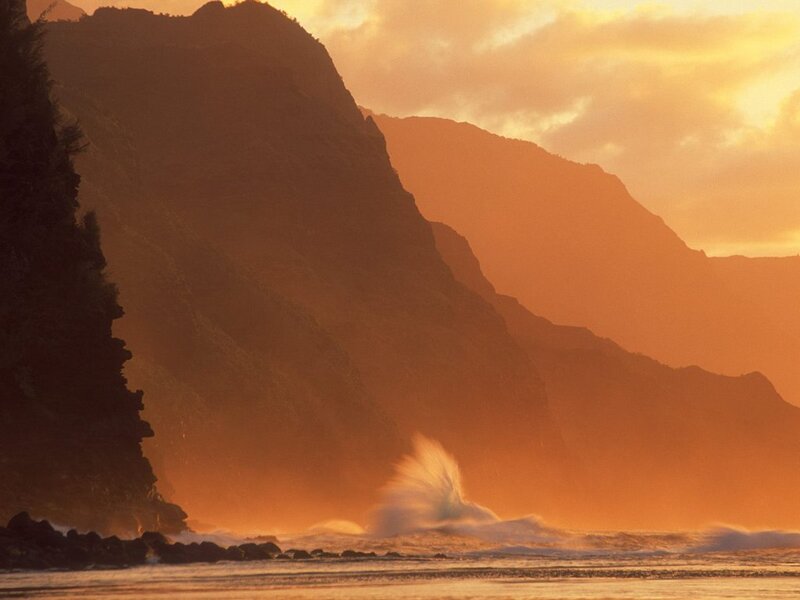 Ocean Waves Crashing — Orange, Dramatic, Sunset, Photograph, Mountains