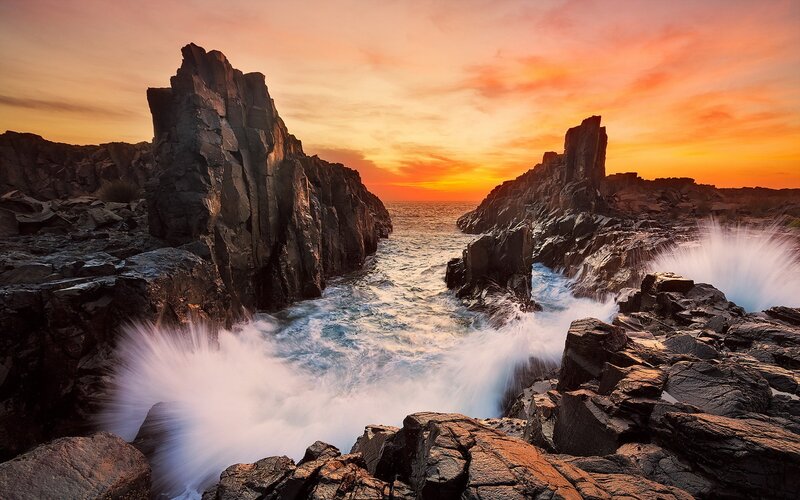 Ocean Waves Crashing — Orange, Dramatic, Sunset, Photograph, Rocks, Sea