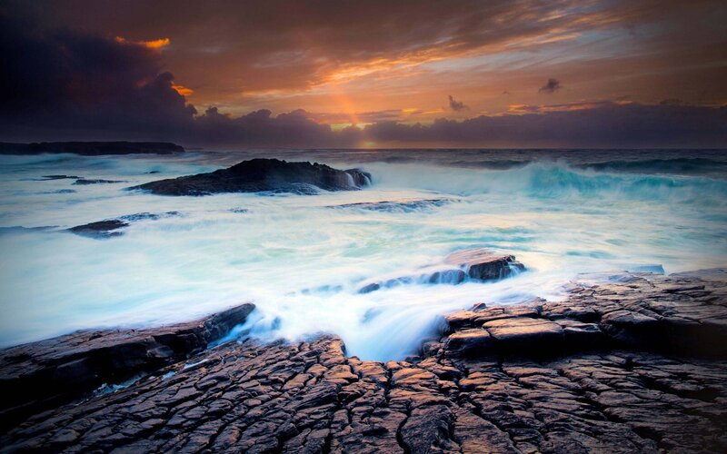 Ocean Waves Crashing — Orange, Dramatic, Sunset, Photograph, Rocks, Sky