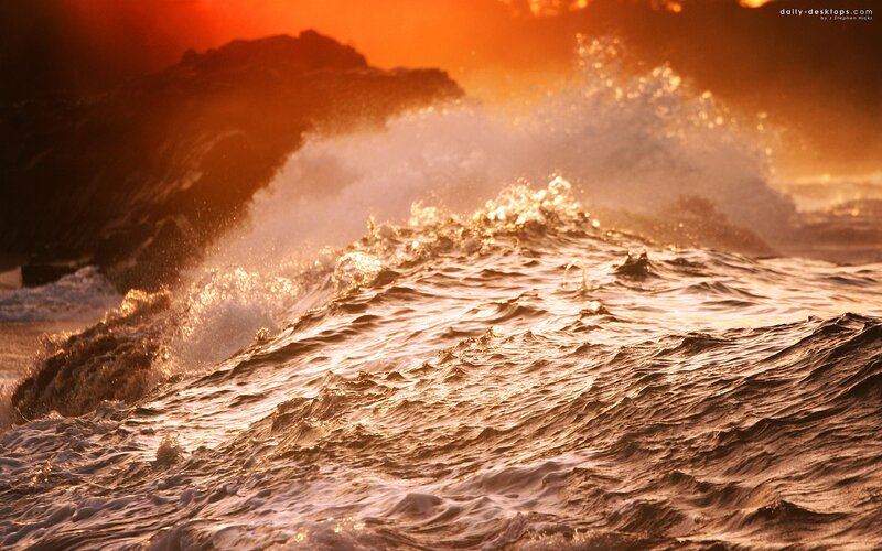 Ocean Waves Crashing — Orange, Dramatic, Sunset, Photograph, Rocks, Splashing Water