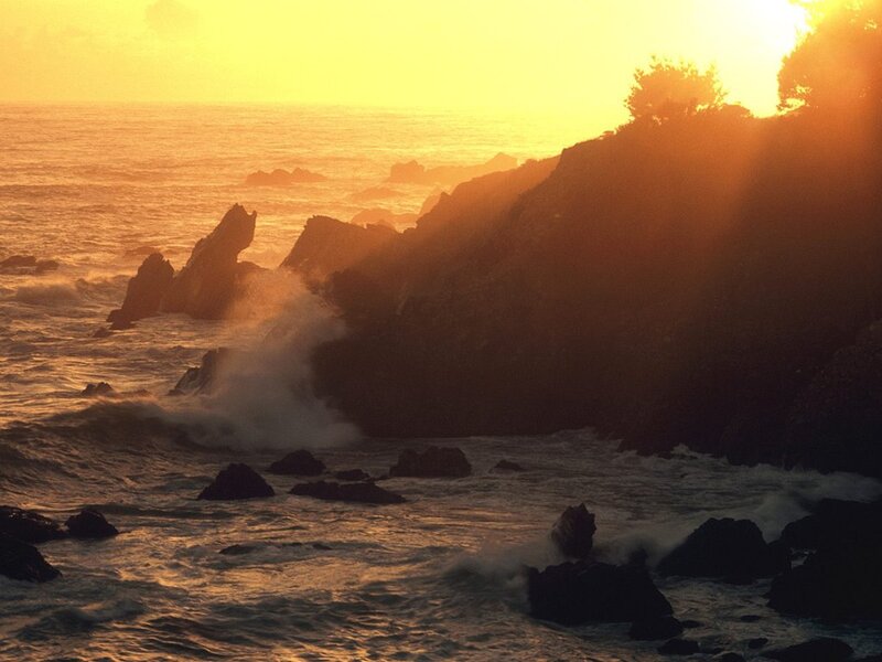 Ocean Waves Crashing — Orange, Dramatic, Sunset, Photograph, Rocks