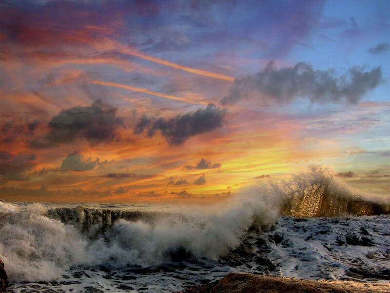 Ocean Waves Crashing — Orange, Dramatic, Sunset, Photograph, Sky, Clouds, Rocks