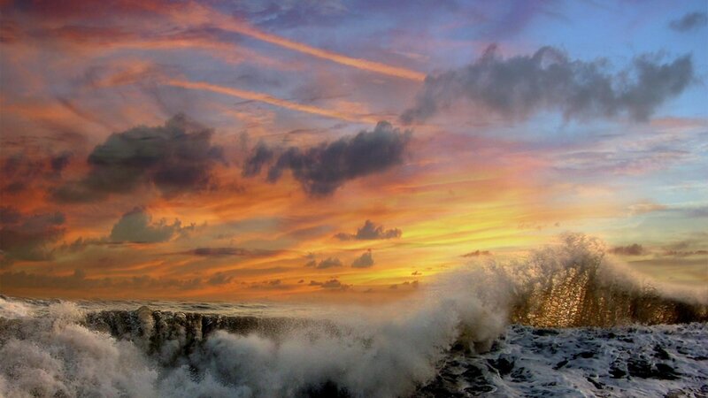 Ocean Waves Crashing — Orange, Dramatic, Sunset, Photograph, Sky, Clouds