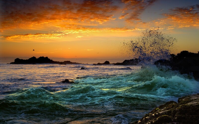 Ocean Waves Crashing — Orange, Dramatic, Sunset, Photograph, Sky, Rocks