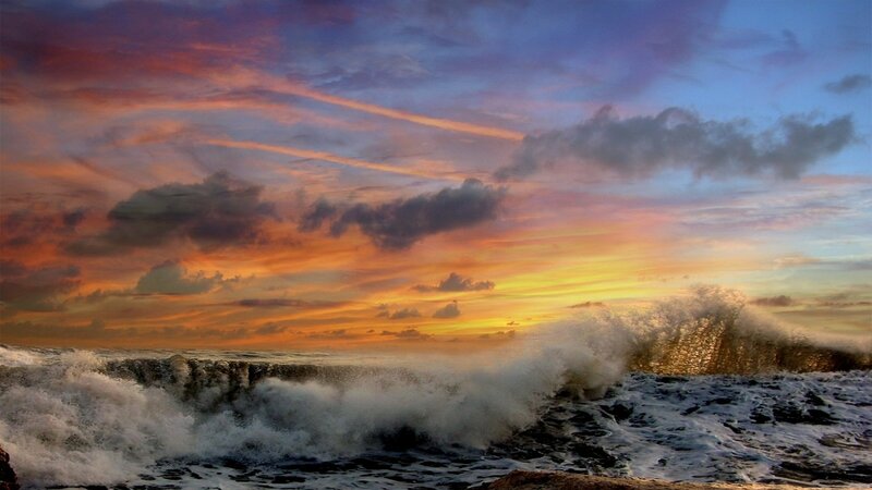 Ocean Waves Crashing — Orange, Dramatic, Sunset, Photograph, Sky