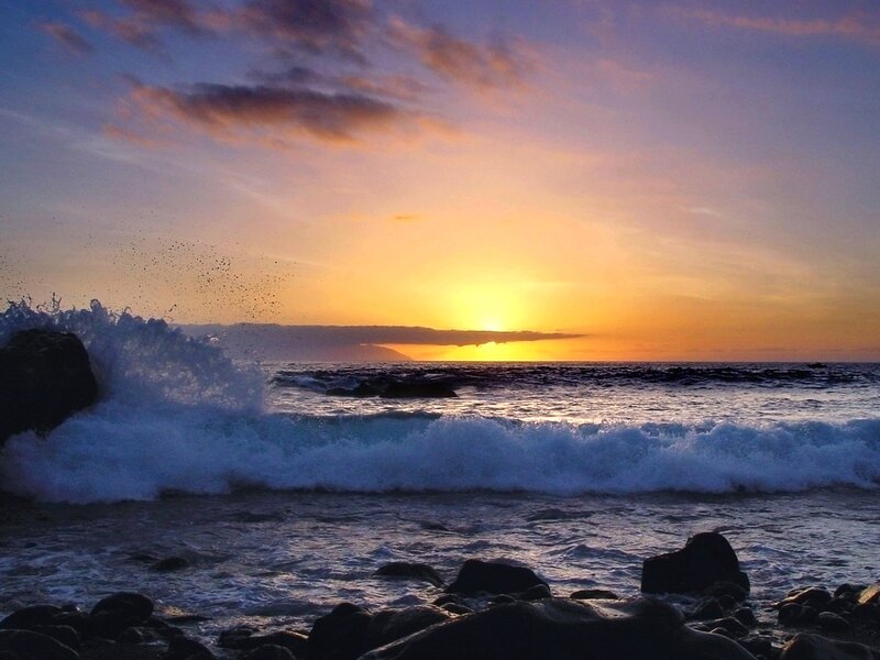 Ocean Waves Crashing — Orange, Dramatic, Sunset, Photograph, Sun, Clouds, Rocks, Blue