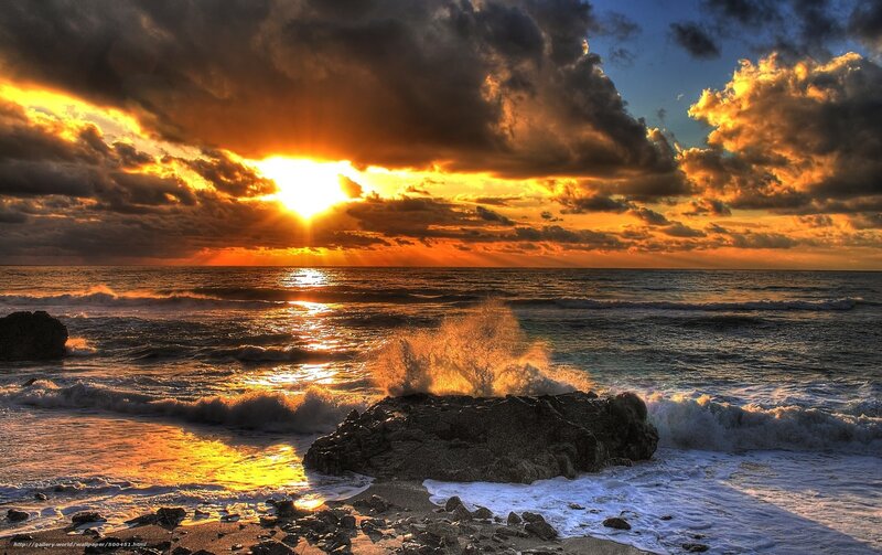 Ocean Waves Crashing — Orange, Dramatic, Sunset, Photograph, Sun, Clouds