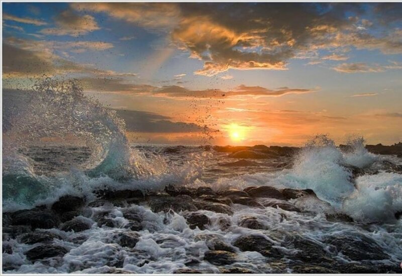 Ocean Waves Crashing — Orange, Dramatic, Sunset, Photograph, Sun