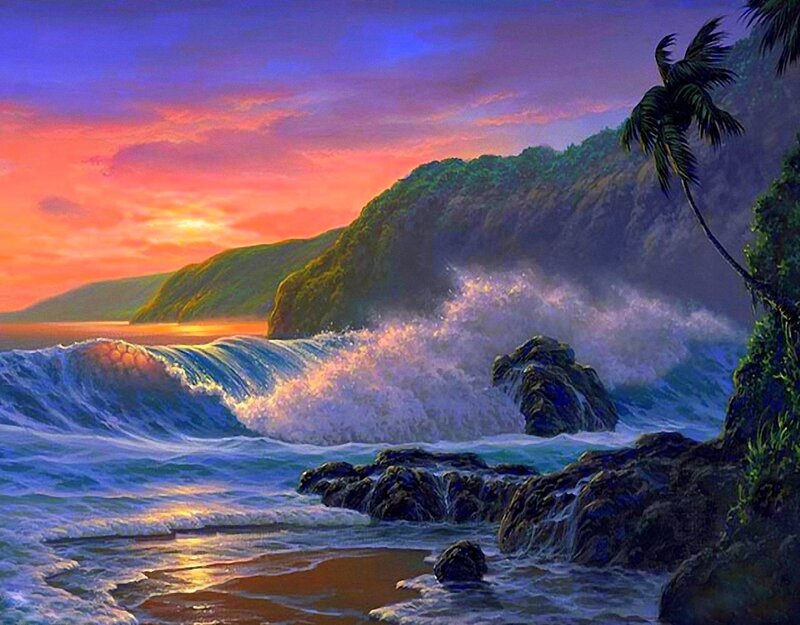 Ocean Waves Crashing — Purple, Dramatic, Sunset, Painting