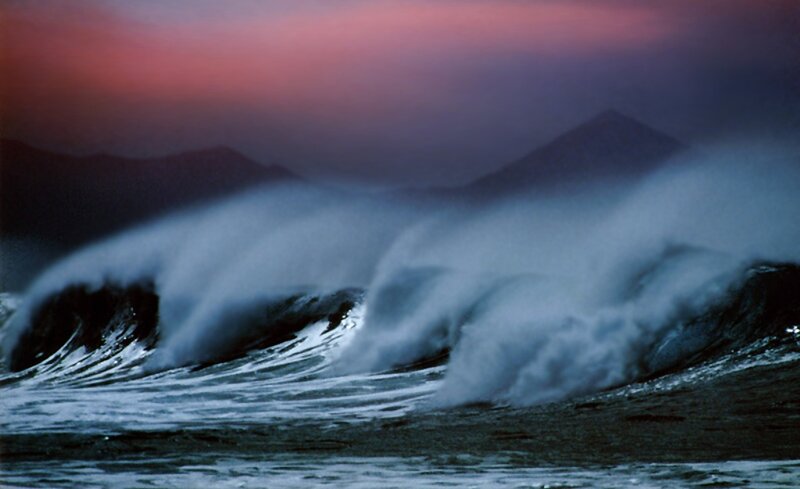 Ocean Waves Crashing — Purple, Dramatic, Sunset, Photograph, Mountains