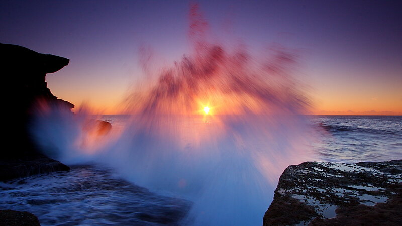 Ocean Waves Crashing — Purple, Dramatic, Sunset, Photograph