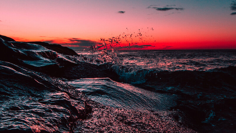 Ocean Waves Crashing — Red, Dramatic, Sunset, Photograph, Rocks