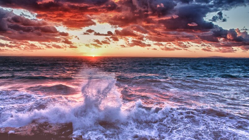 Ocean Waves Crashing — Red, Dramatic, Sunset, Photograph