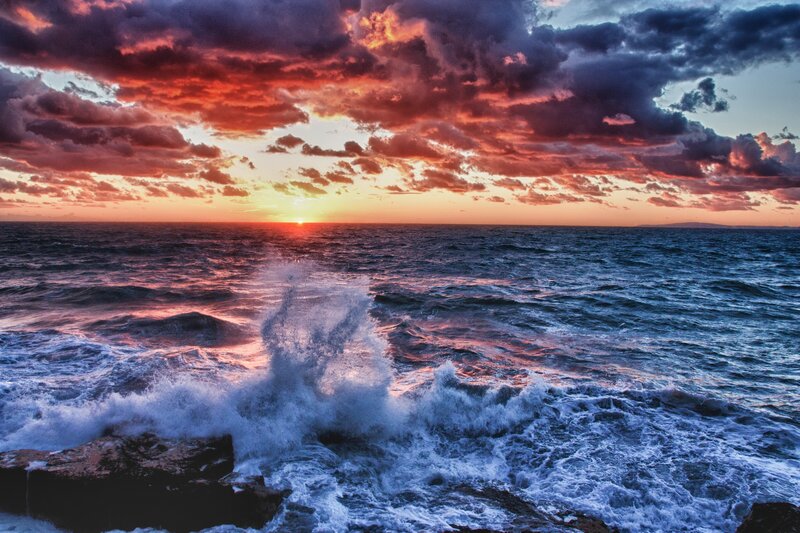 Ocean Waves Crashing — Red, Dramatic, Sunset