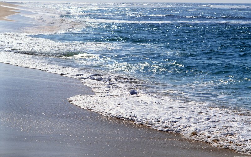 Ocean Waves on Beach — Blue, Calm, Afternoon, Photograph, Sand, Foam, White, Brown