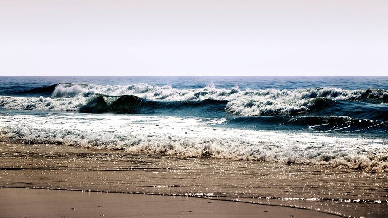 Ocean Waves on Beach — Blue, Calm, Afternoon, Photograph, Sand, Sea, Sky, White