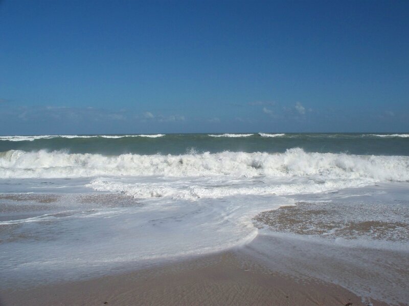 Ocean Waves on Beach — Blue, Calm, Afternoon, Photograph, Sand, Sky, Foam