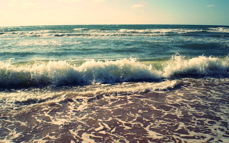 Ocean Waves on Beach — Blue, Calm, Sunset, Photograph, Sand