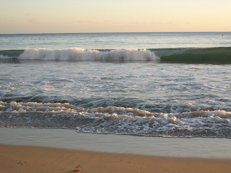 Ocean Waves on Beach — Blue, Calm, Sunset, Photograph
