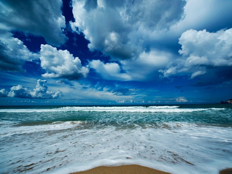 Ocean Waves on Beach — Blue, Dramatic, Afternoon, Photograph, Clouds, Sand, Sea